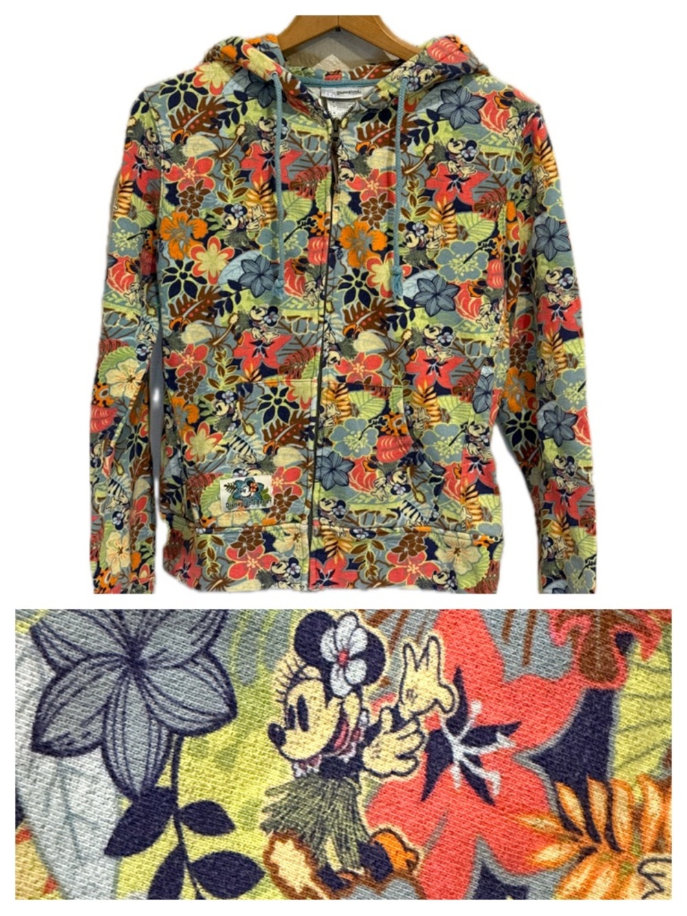 Disneyland Resort Minnie Mouse Hula Tropical Floral Full Zip Hoodie Medium EUC